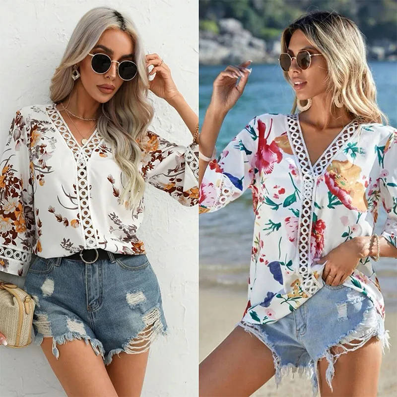 

Printed Chiffon Shirt, Lace Lace, Flared Sleeve, V-Neck, Loose Type, European Style, New, Summer and Autumn, 2023