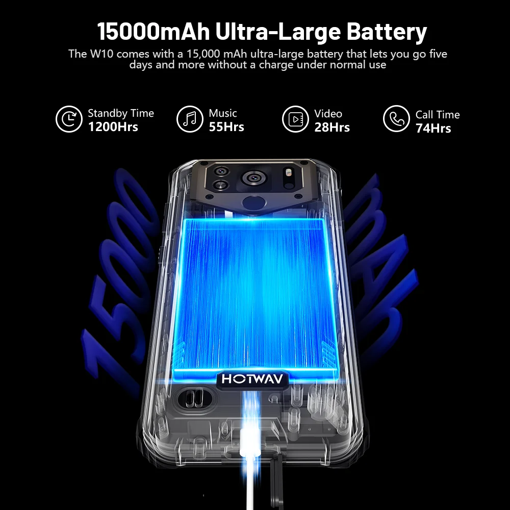 HOTWAV W10 Smartphone 6.53'' HD+ 4GB 32GB 15000mAh Large Battery Android 12 Mobile Phone 13 MP Camera Rugged Cellphone