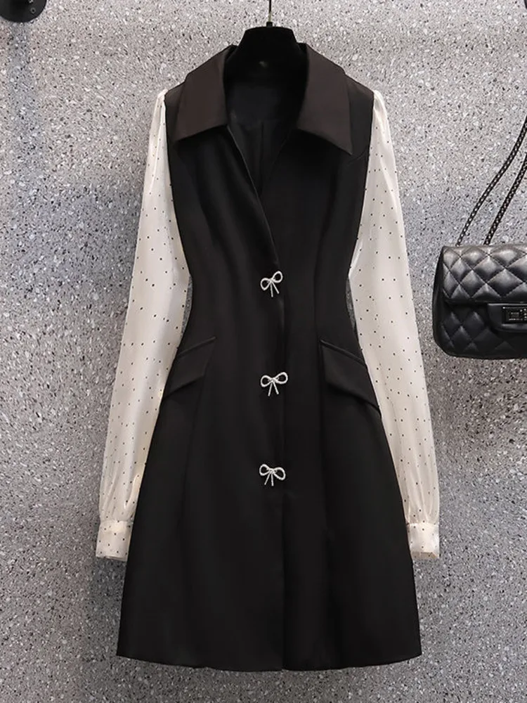 Офисные женские элегантные платья миди с высокой талией 2022 весенние лоскутные