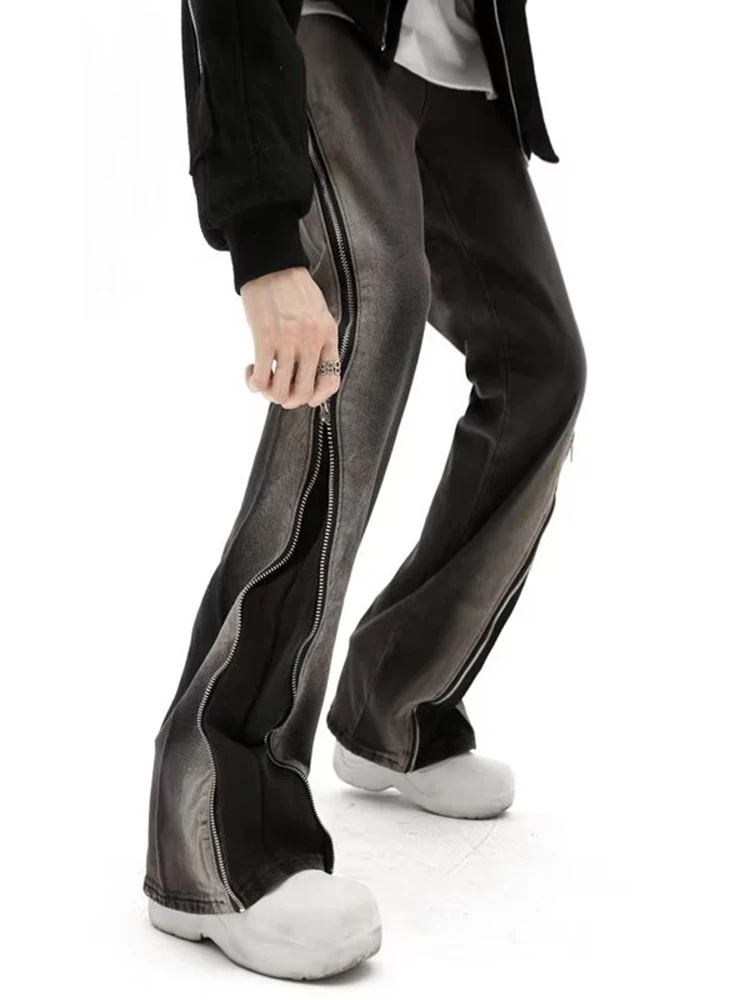 American -style High Streets Make Old Gradient Zipper -oriented Design Jeans, Men New Loose Mid -waist Straight Jeans Mens Pants
