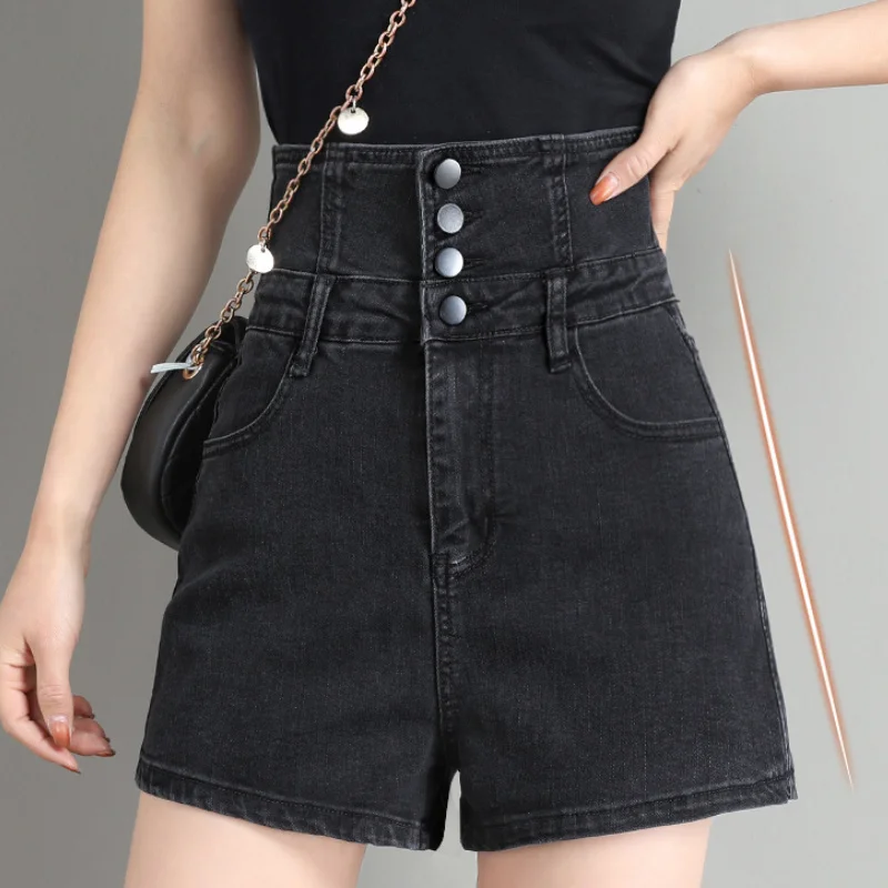 Multi-button Black Denim Shorts Summer Women Sexy Back Lace Up Design High Waist Hot Pants New White A-Line Loose Straight Jeans
