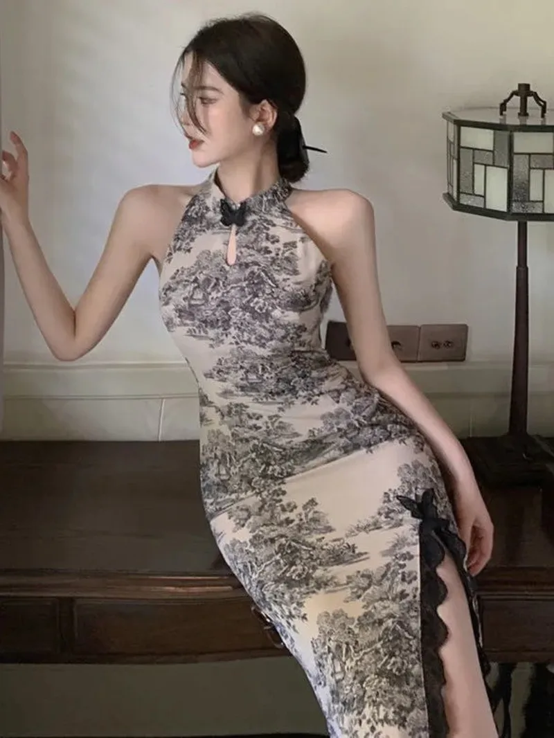 Улучшенное платье-Ципао для женщин китайский фэн-шуй платье средней длины с