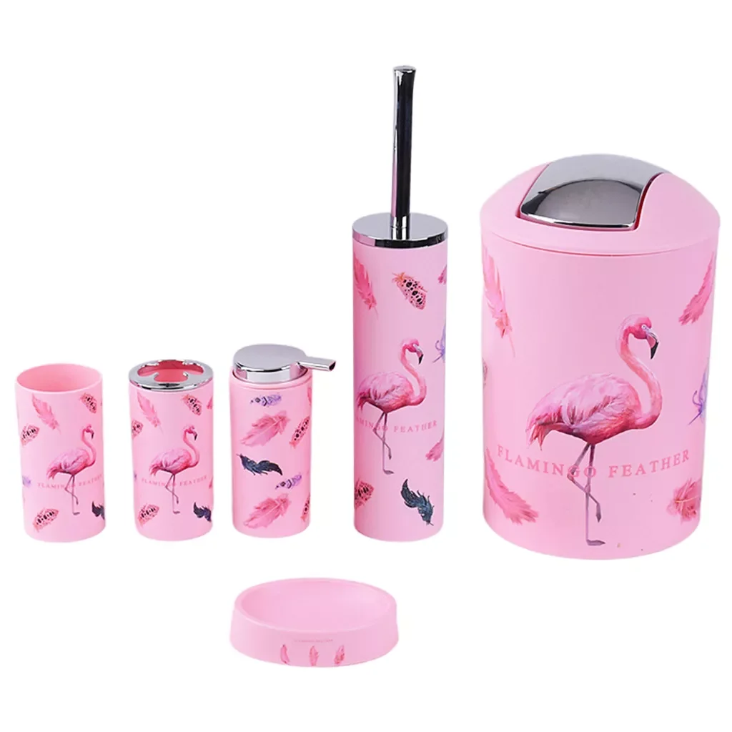 

NEW 6pcs/Set Flamingo Pattern Soap Dish Dispenser Tumbler Bathroom Practical Accessories Soap Dispenser Bathroom Countertop Set