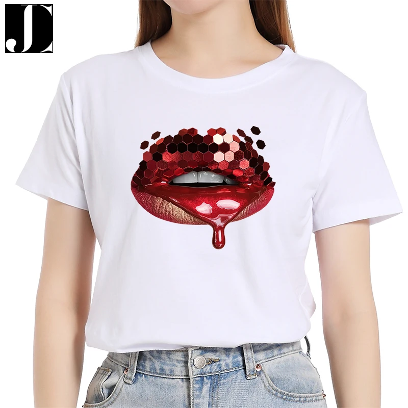 

Women Summer Casual Fashion Short Sleeve Lip Print Female Graphic Sexy 100% Cotton T-shirt Ladies Regular Daily O-Neck Tees Tops