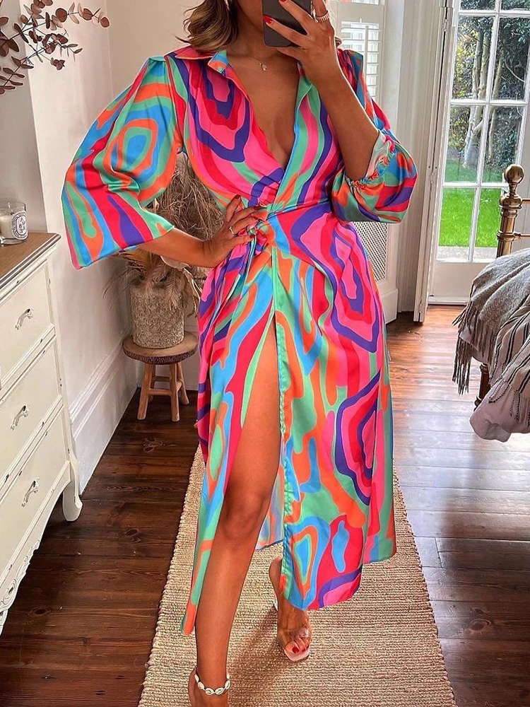 

Women Summer Print Long Shirts Dress Casual Lapel High Split Loose Long Sleeve Dress Fashion High Waist Streetwear Holiday Dress