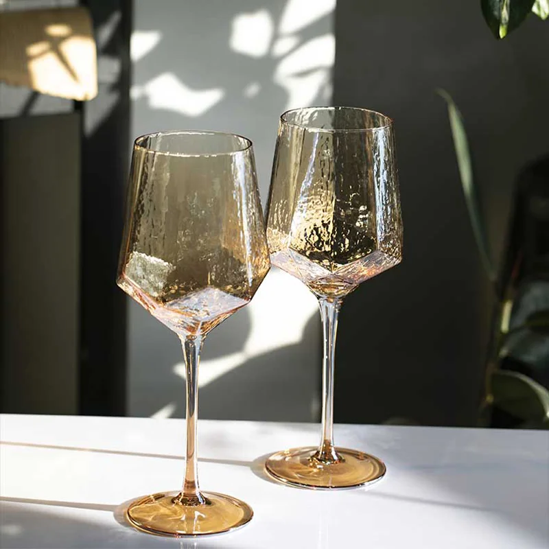 

Light Luxury Gold Amber Champagne Goblet Wine Glasses Nordic Colored Home Lead-free Crystal Glass Hammered Diamond Whisky Cup