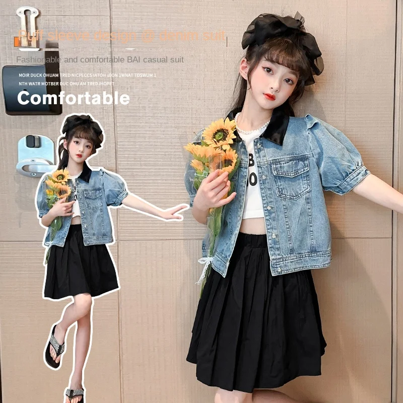 

Girls' short-sleeved denim jacket pleated skirt suit summer 2023 new children's western-style casual student two-piece set
