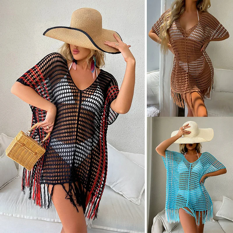 Black Crochet Beach Cover Ups for Women Tassel Fishnet Hollow Out Summer Dress Fringe V Neck Bikini Cover Up Trend Boho Tunic
