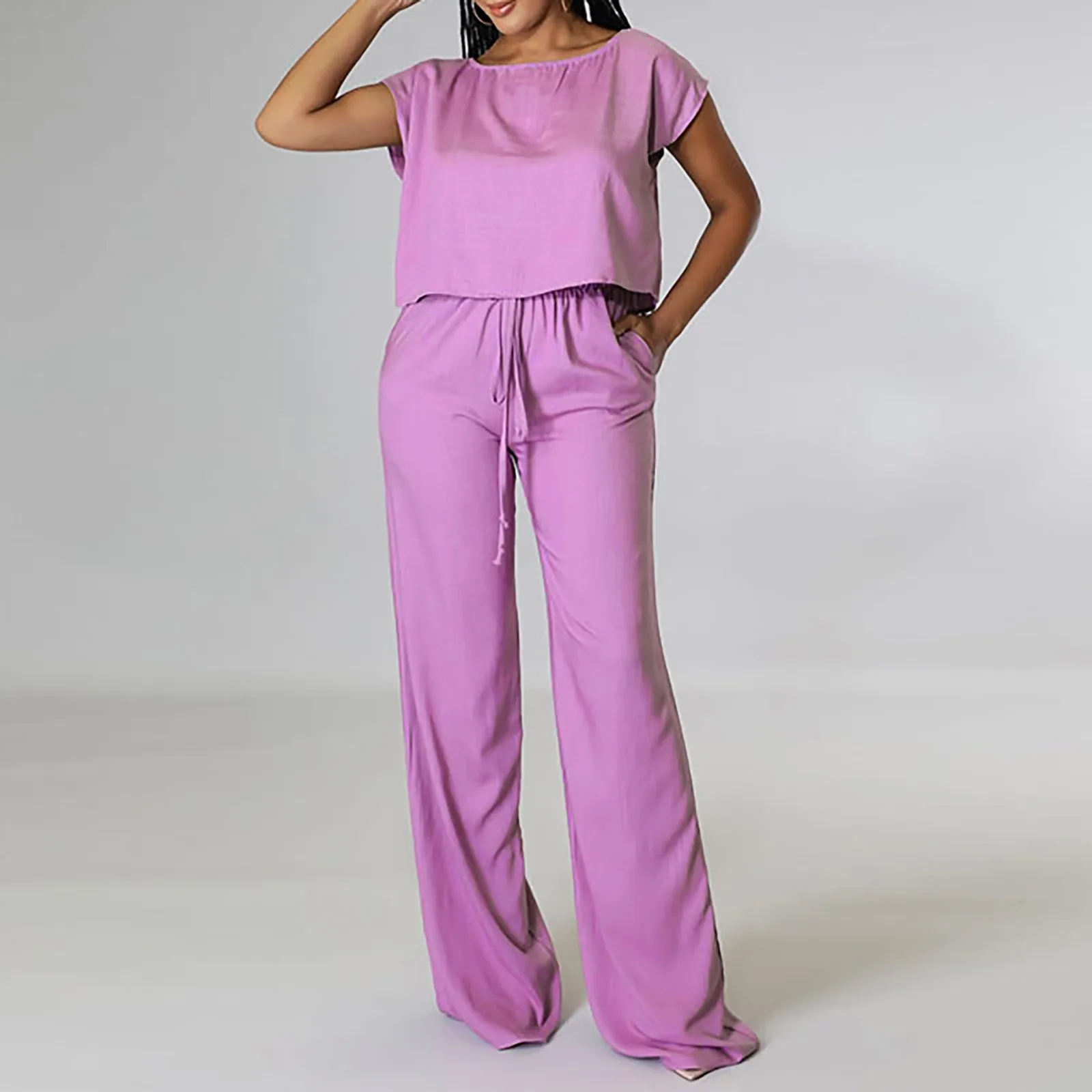 

Женский Повседневный комплект из 2 предметов, летняя блузка и брюки, повседневная одежда, Однотонная рубашка, туника, эластичные широкие брюки с высокой талией