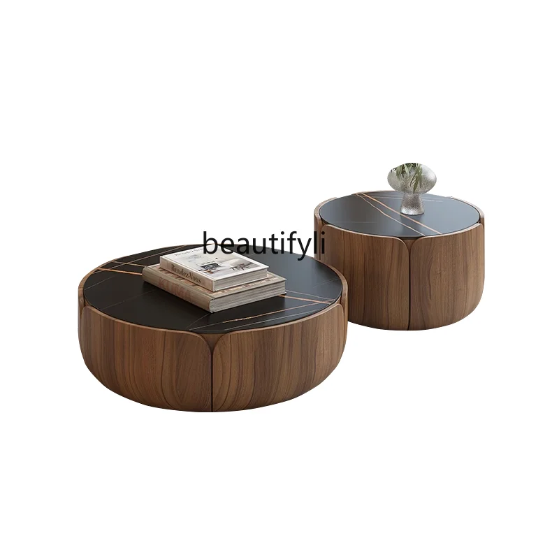 

Solid Wood Tea Table Combination Home Living Room round Small Apartment Light Luxury Stone Plate round Coffee Table TV