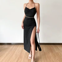 slit haler backless slim sexy maxi dress summer black evening dress with sash women party y2k concise bodycon elegant clothes