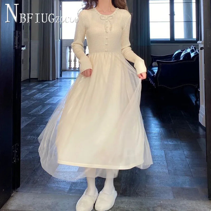 

Solid Basic 2022 Round Neck Women Dress Pearl Long Sleeve Female Dresses
