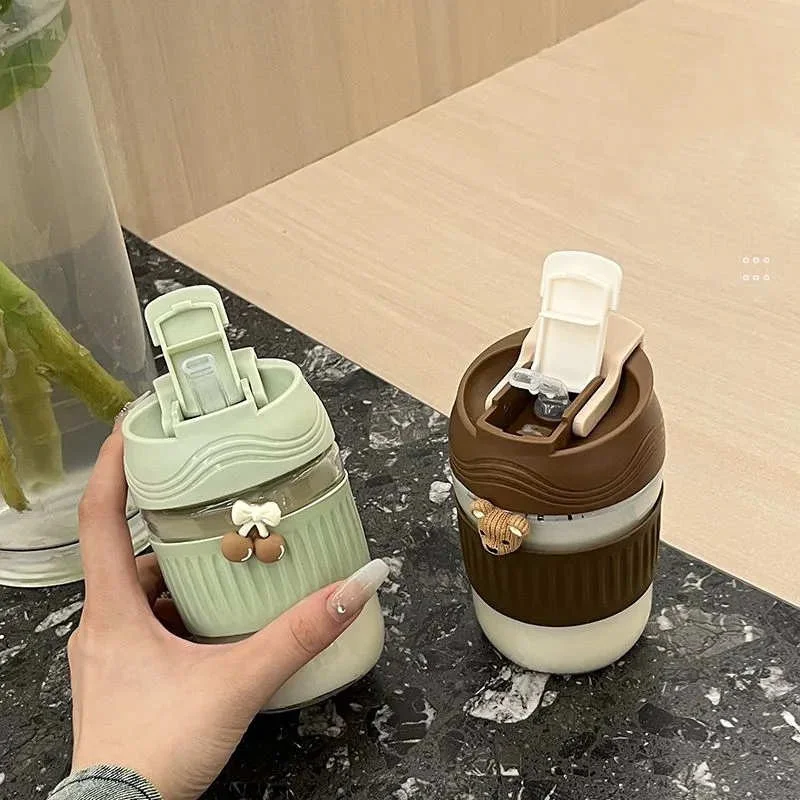 

MEI 350 Glass Coffee Cup Portable Double Drink Coffee Glass Water Cup With Straw Non-slip Travel Mug Milk JuiceTeaBreakfastCup
