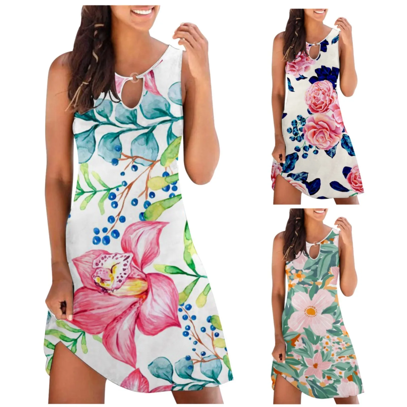 Summer Cold Shoulder Boho Tshirt Dresses Summer Sleeveless A Line Floral Tunic Dress Bohemia Sexy Beach Sundresses 1