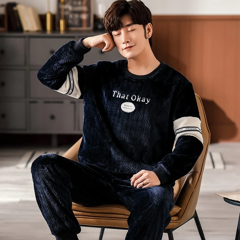 2022 Winter Thick Warm Flannel Pajama Sets for Men Korean Loose Long Sleeve Coral Velvet Sleepwear Pyjamas Homewear Home Clothes