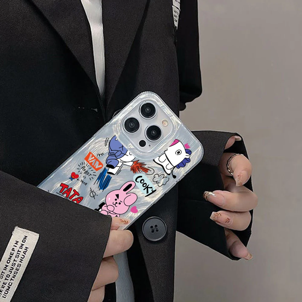 Fasion Phone Case for Apple iPhone 16 15 14 Plus 13 12 11 Pro Max X Xs XR 8 7 SE Ins Kpop-Bt21 Feather Texture Hard Capa Cover