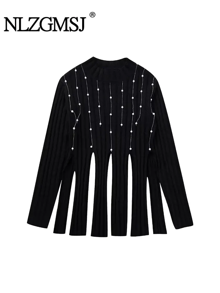 

TRAF 2023 Autumn Women Knitted Black Sweaters Long Sleeve Faux Pearls Tassels Split Hem Slim Pullovers Female Top Y2K