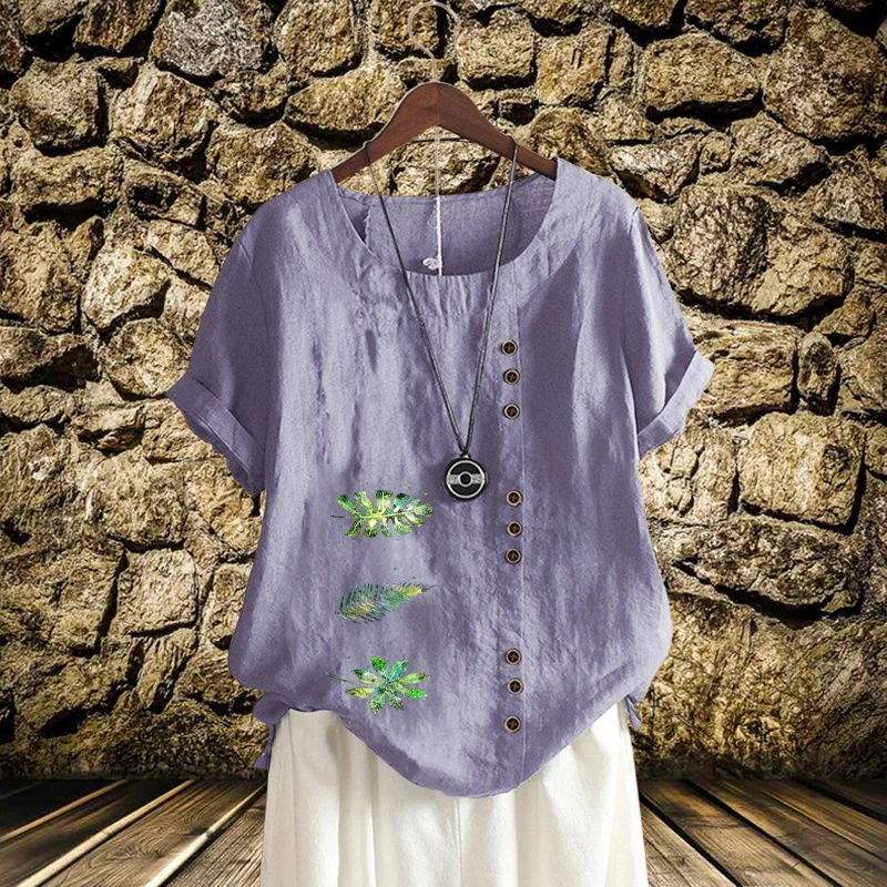 

Новая женская блузка с красивым принтом листьев, Повседневная Свободная футболка с коротким рукавом, удобные хлопковые льняные однотонные ...