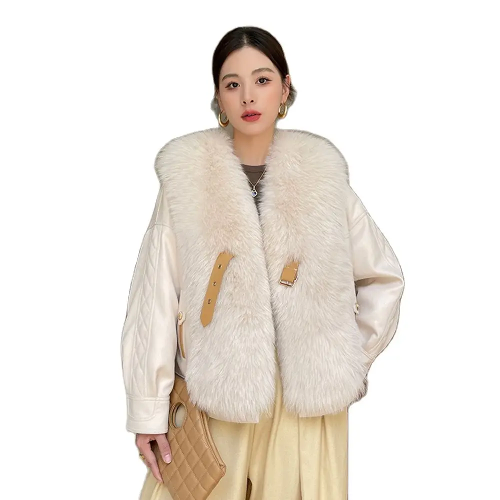 New Women Short Real Fur Coat Autumn Winter Fashion Thick Warm Fox Fur Patchwork Suede Double-faced Fur Jacket Loose Outerwear