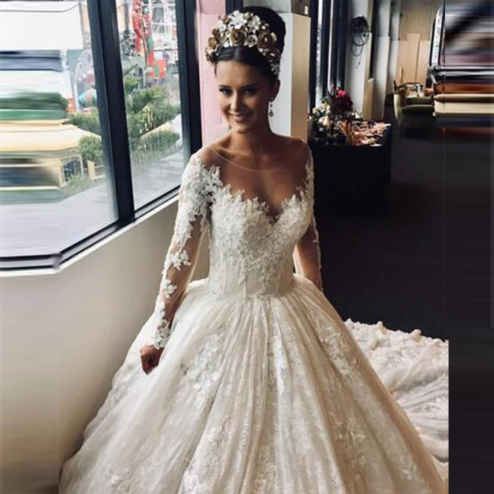 

На Zhu великолепные свадебные платья принцессы кружевные аппликации бальное платье с длинным рукавом 2023 глубоким круглым вырезом и длинным ...