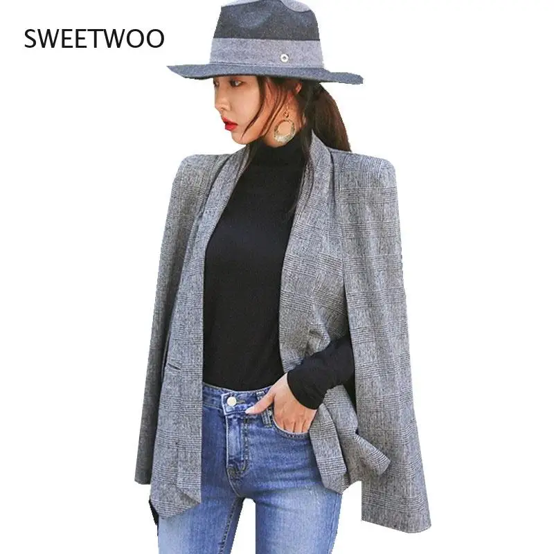 Spring Autumn Cloak Cape Blazer Women Poncho Coat Notch Lapel Split Long Sleeve Casual Clothes Suit Jacket Female Outwear Tops