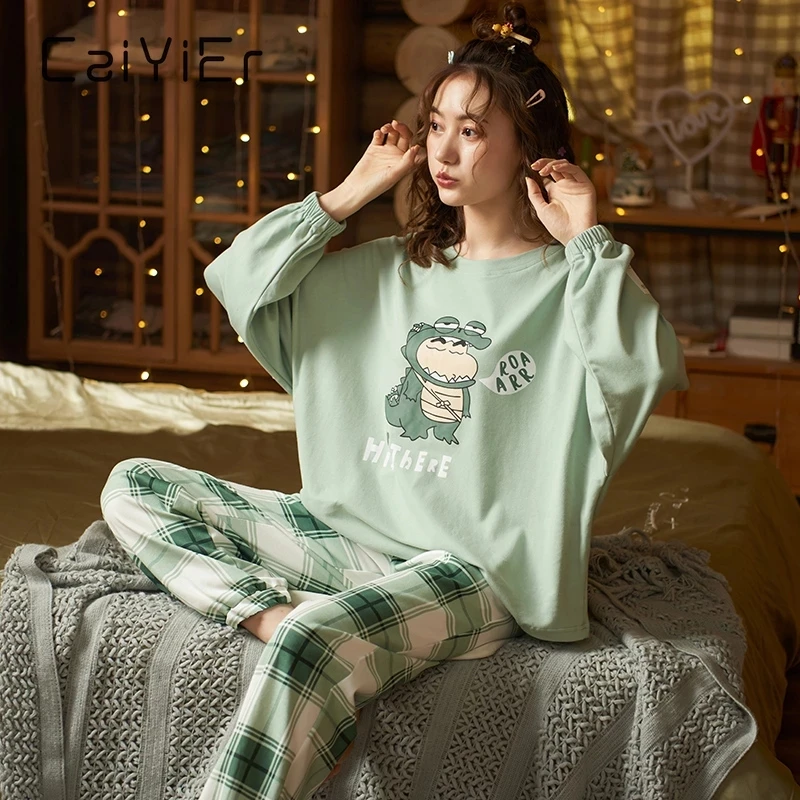 CAIYIER New Cotton Pajamas Set Cartoon Women Casual Sleepwear O-Neck Warm Sweet Nightwear Winter Long Sleeve Outerwear Homewear