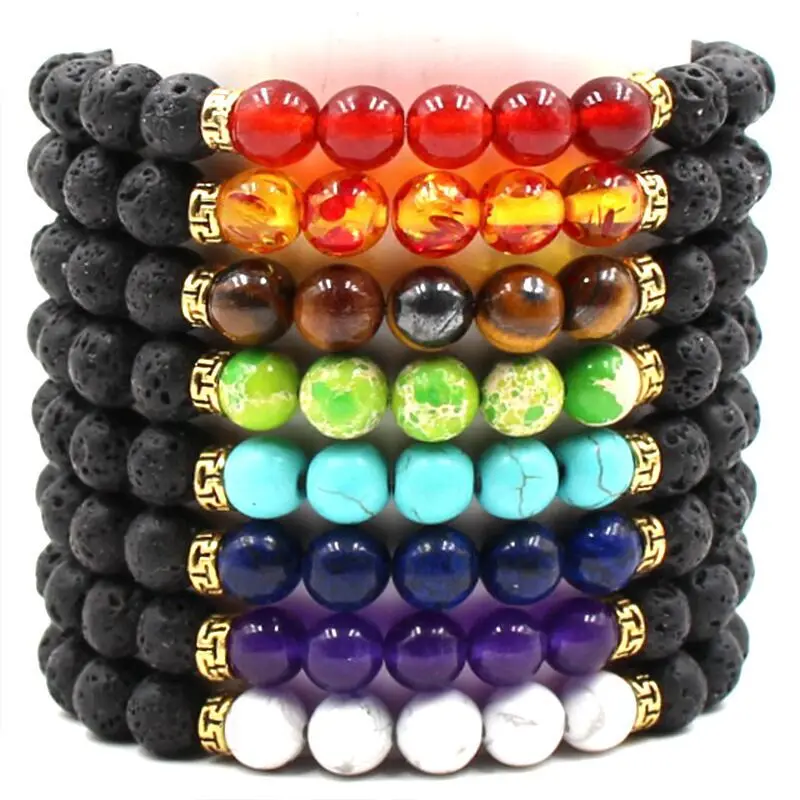 

Chakra Bracelet Men Black Lava Healing Balance Beads Reiki Buddha Prayer Natural Stone Yoga ID Bracelets For Women