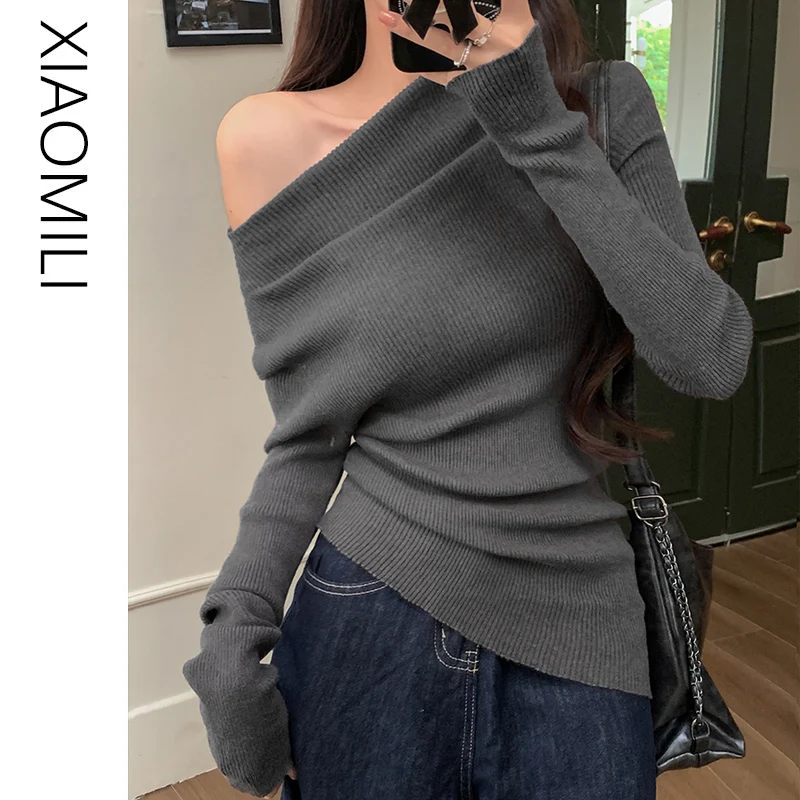 Сексуальная трикотажная женская зимняя рубашка Gyaru с открытыми плечами и