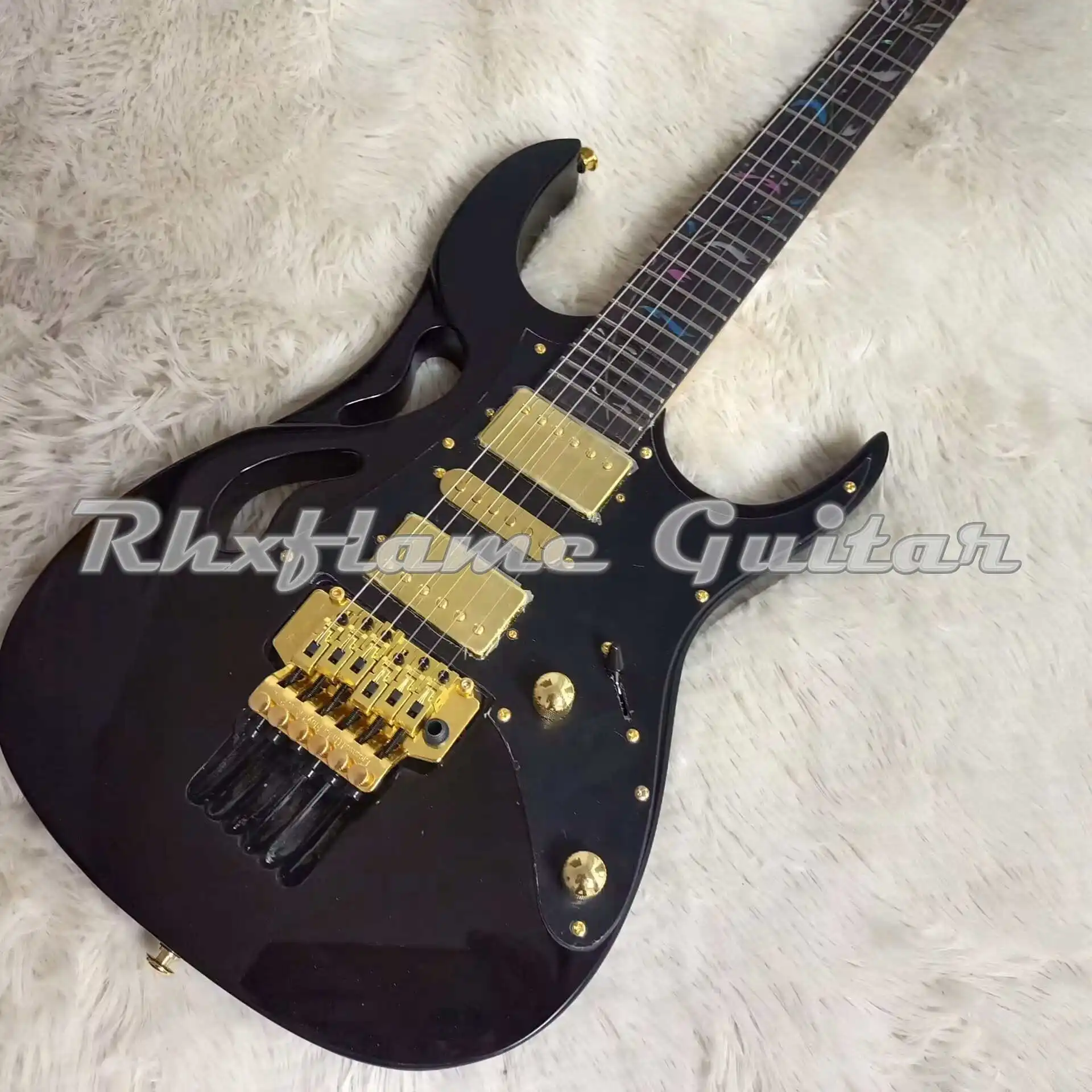 

Rhxflame Black Steve Pia 7 Electric Guitar Abalone Tree Of Life Inlay Floyd Rose Tremolo Lions Claw Cavity White Pearl Pickguard