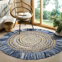 Round Rugs 100% Natural Jute and Denim Handmade Carpet Modern Home Double-sided Usable Living Room Carpet (2)