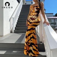 ingoo fashion tiger print sleeveless women summer maxi dress spaghetti strap backless bodycon bandage dress sexy party clubwear