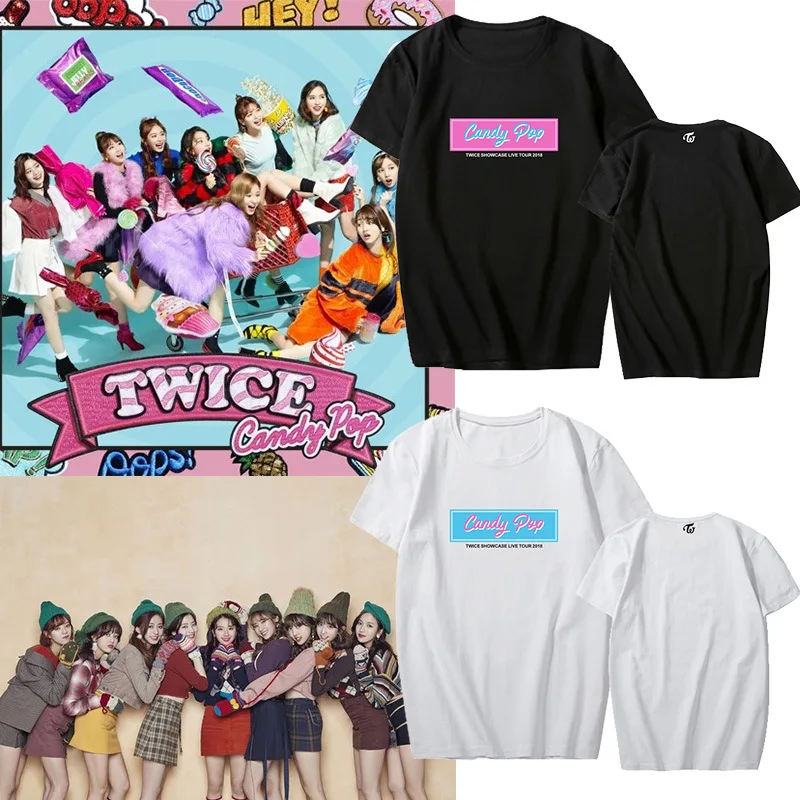 

Двойная футболка, конфетные популярные футболки, топы TZUYU SANA мин JIHYO NAYEON MOMO DAHYUN JEONGYEON CHAEYOUNG, женская футболка с круглым вырезом и коротким рука...