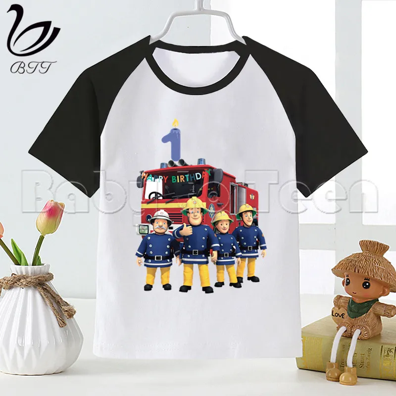 Happy Birthday Number 1-9 Cartoon Fireman Sam DIYKids Clothes Girls T-shirt Birthday Present Children Clothing Boys Tshirts