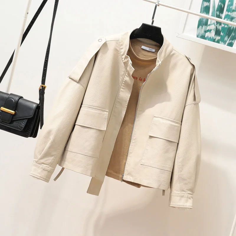 2023 autumn new loose version of women's short leather jacket stand-up collar short coat
