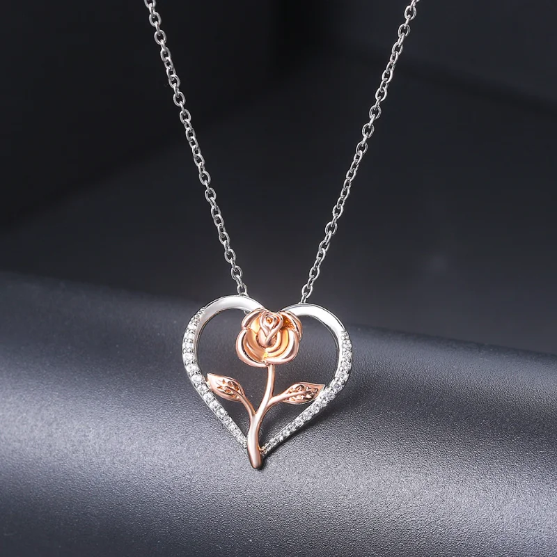 

European and American Fashion New Exquisite Heart Inlaid Rose Pendant Necklace Banquet Couple Gift Commemoration