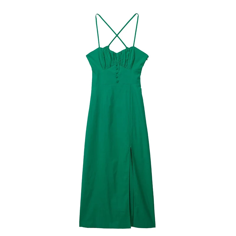 

YENKYE 2023 Women Vintage Linen Blend Corset Green Sling Dress Sexy Backless Front Slit Ladies Holiday Summer Dress Midi Robe