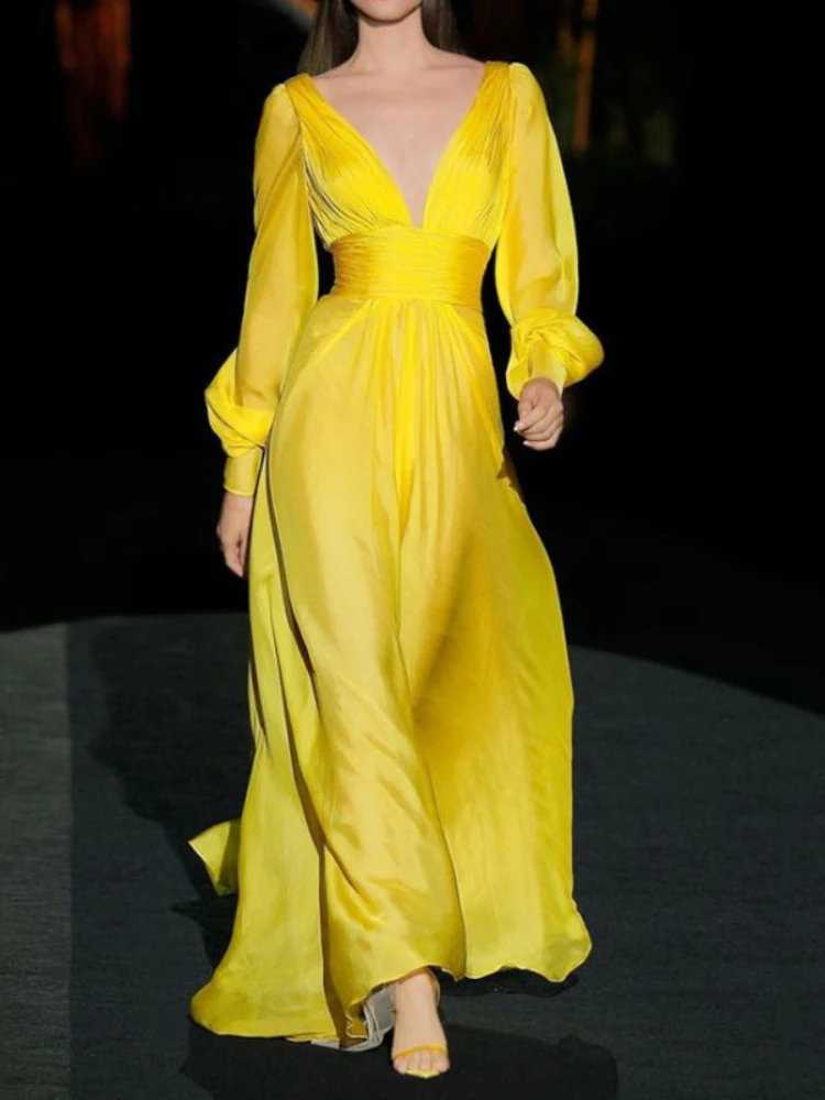 

Платье женское однотонное с открытой спиной, V-образным вырезом, высокой талией и длинным рукавом