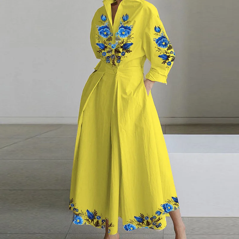 

Fashion Lapel Collar Long Sleeve Shirt Dress Elegant Print Buttoned Pocket Office Dress Female Casual Pleated Big Hem Chic Dress