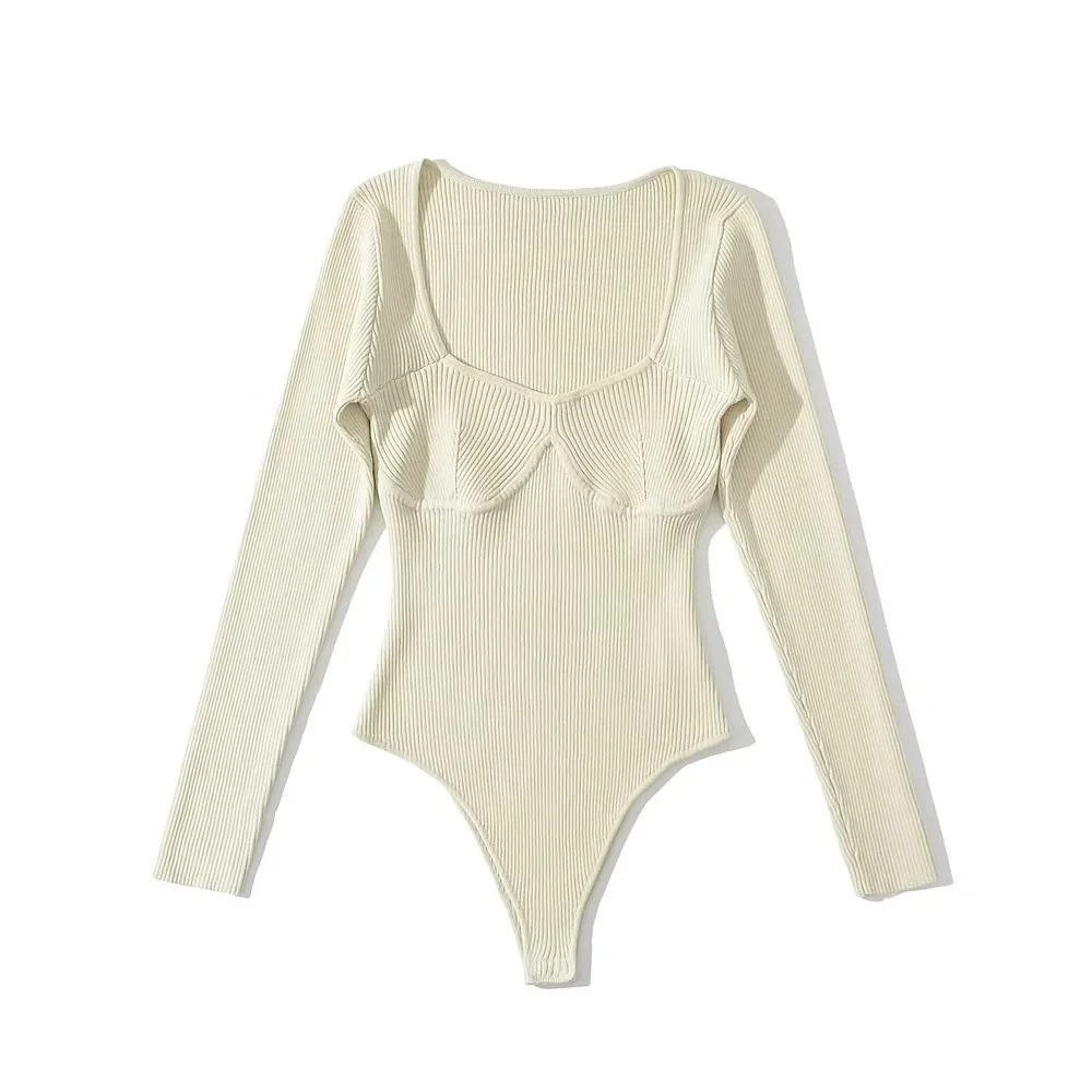 Женское трикотажное боди с квадратным вырезом и длинным рукавом