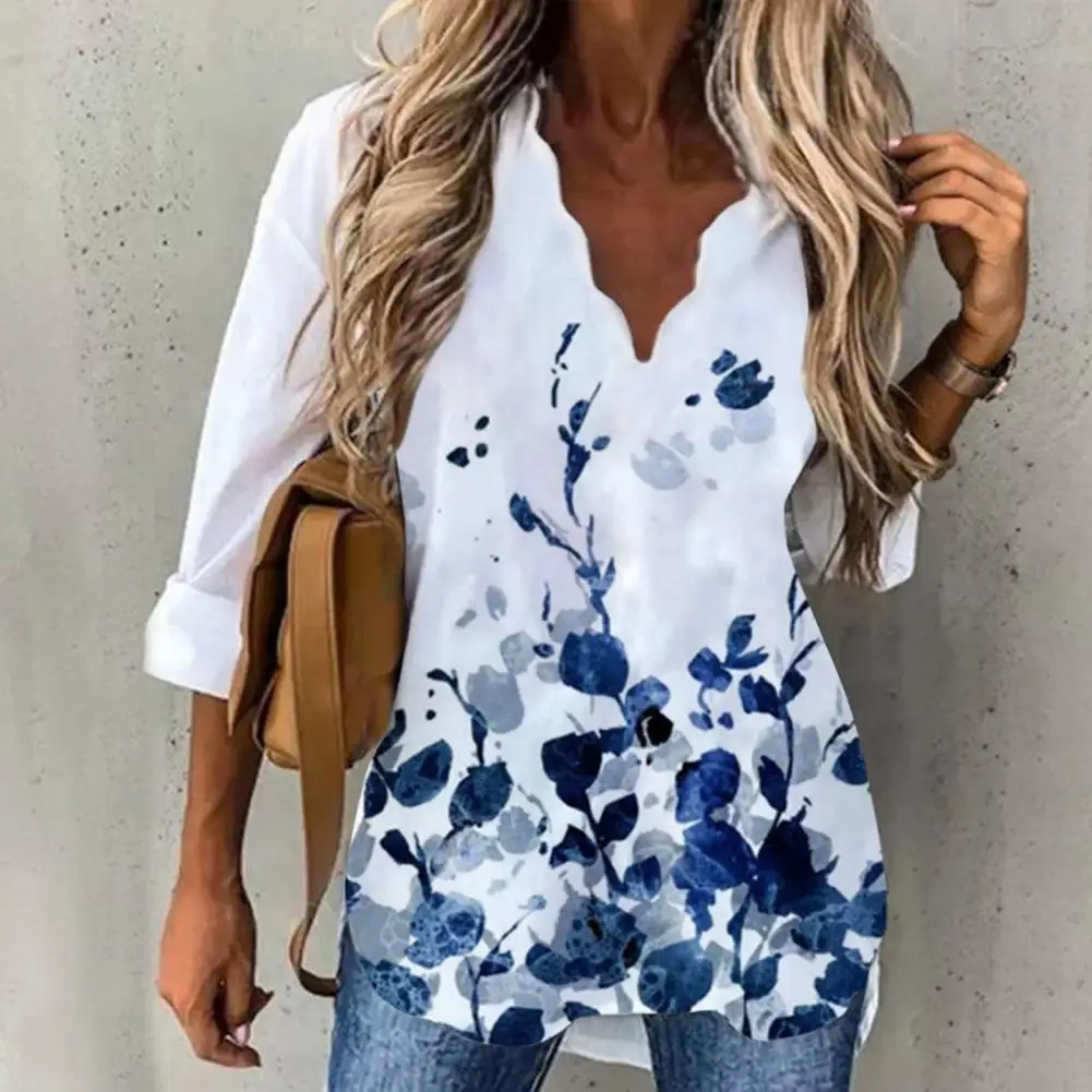 

Pullover Top Long Sleeves Lightweight Solid Sewn Colorful Flower Printing Elegant Pullover Blouse Autumn Shirt Workwear