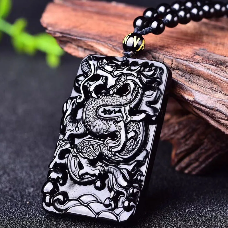 Natural Obsidian Feng Shui Dragão Pingente Colar Masculino Feminino Moda Encantos Cura Jóias Jade Preto Sorte Amuleto Presentes