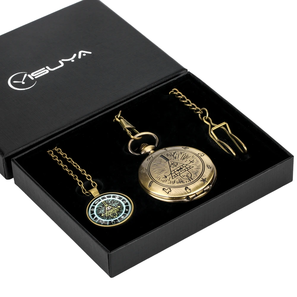 Pocket Watch Sets Weird Town Triangle One-eyed Devil Cover Quartz Fob Chain Pocket Clock Collected Necklace Pendant Gift Set
