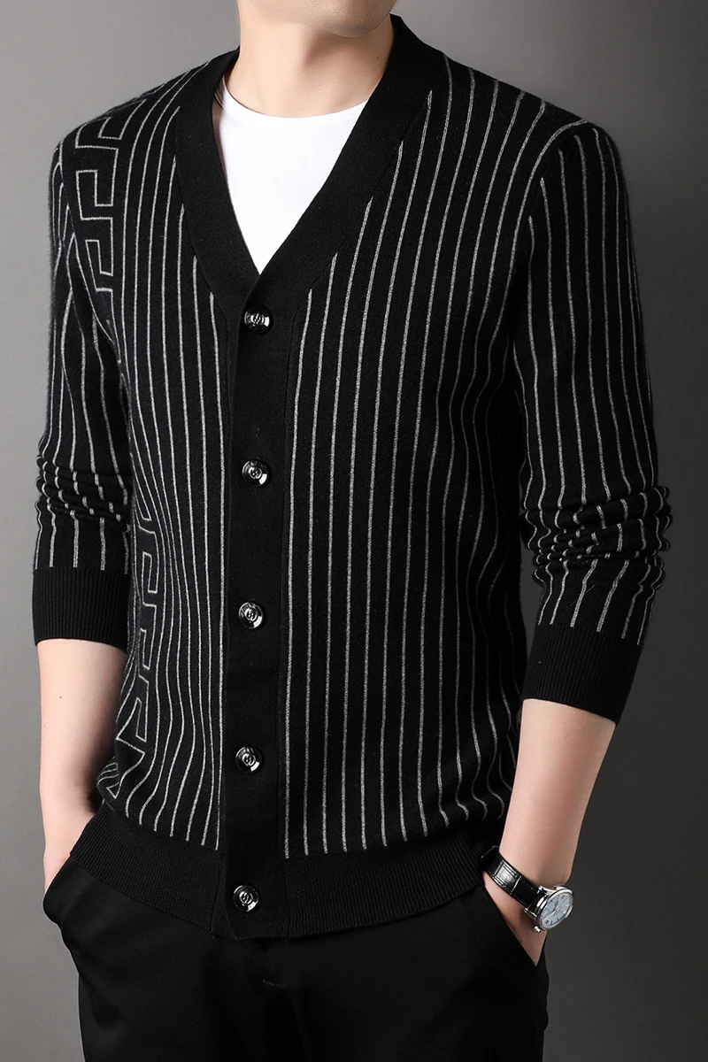 Мужской Жаккардовый свитер в полоску повседневный вязаный кардиган с длинными