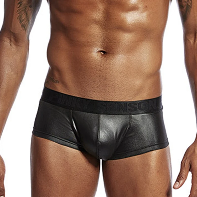 

Men's Boxer Shorts PU Leather Boxer Large U Convex Pouch Underpants Sexy Tight Low Waist Panties Fashion Swim Shorts 2022