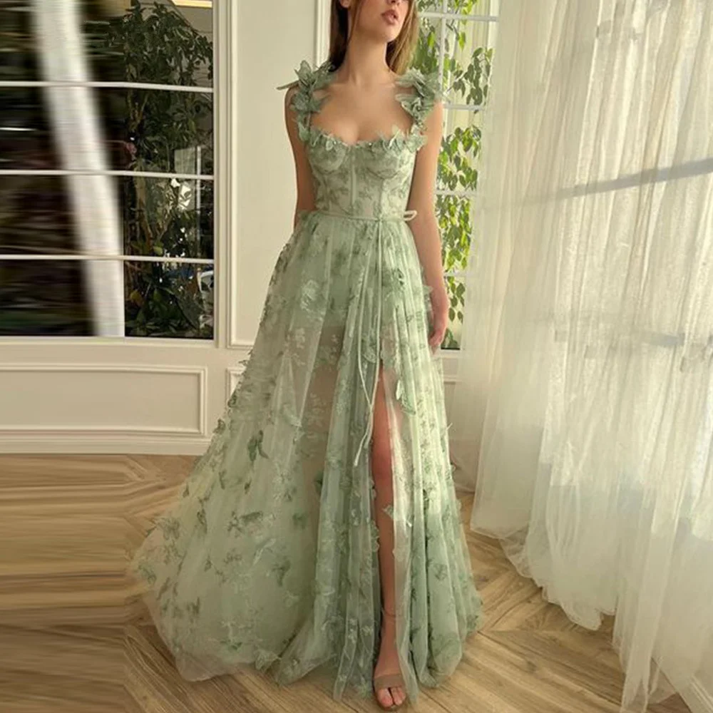

Ryanth Elegant Tulle Prom Dress Luxury Lace Slit A-line Evening Gowns Spaghetti Straps Party Dress Vestidos De Ocasión Formales