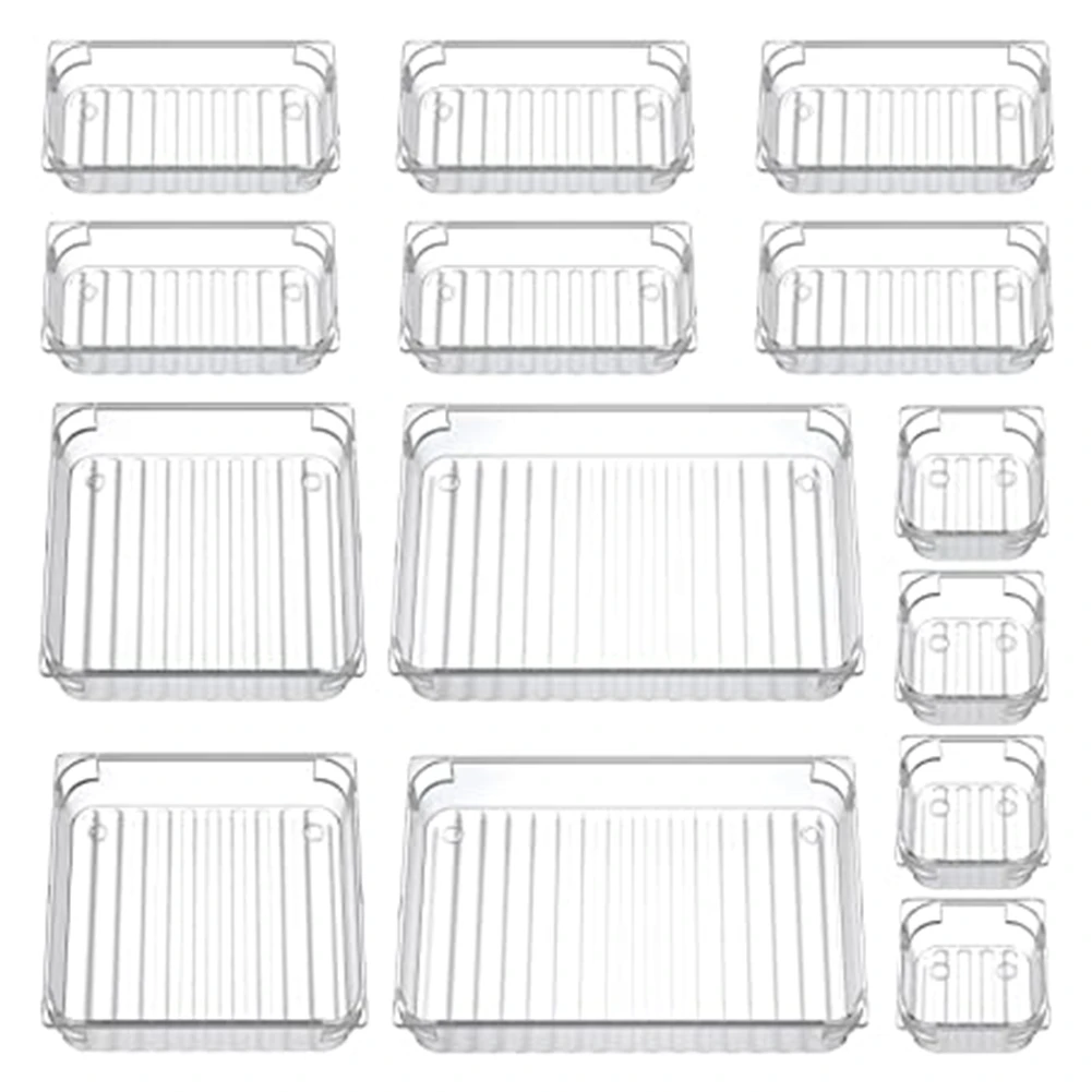 

14 Desk Drawer Organiser Trays Clear Vanity Drawer Dividers Makeup Cosmetic Organizers for Bedroom Kitchen Office