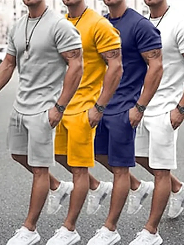 Men Clothing T-shirt Sets 3D Printed Solid Color Plain Round Neck T-Shirt and Outdoor Short Sleeve 2 Piece Clothing Apparel