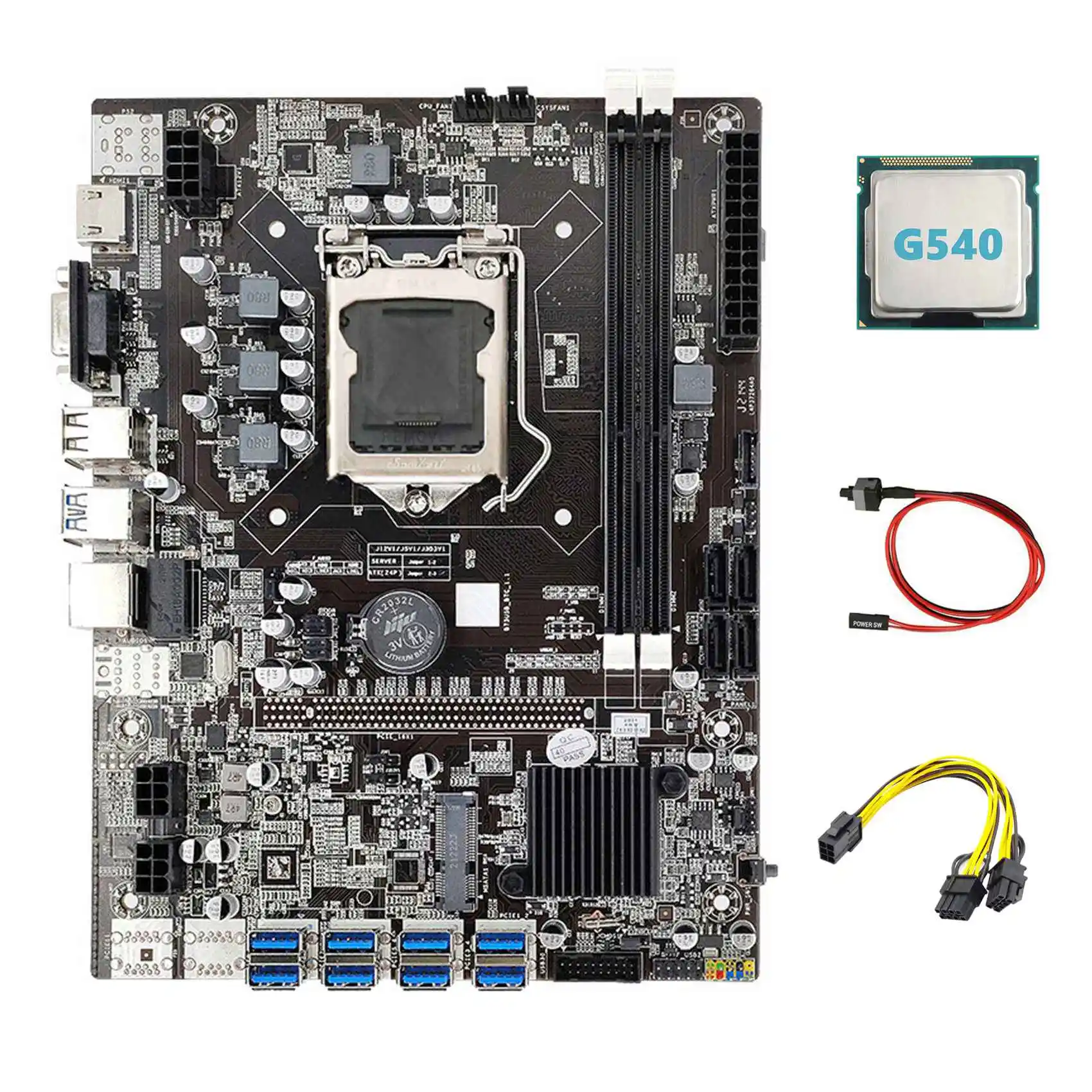 B75 ETH Mining Motherboard 8XPCIE to USB+G540 CPU+6Pin to Dual 8Pin Cable+Switch Cable LGA1155 B75 Miner Motherboard