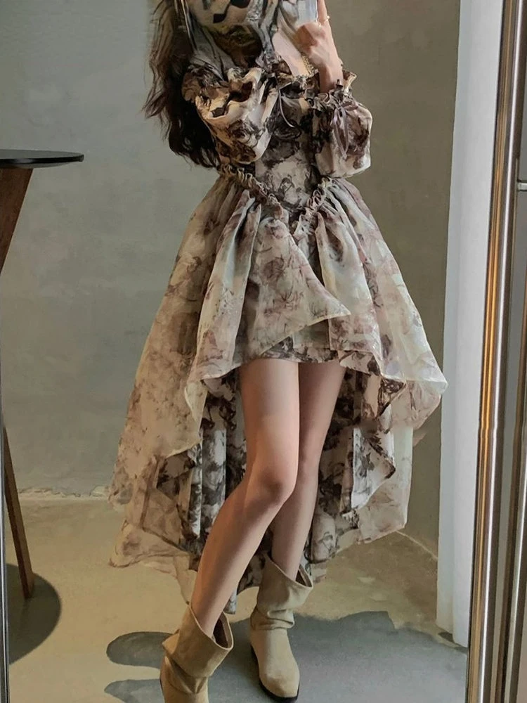

Autumn Floral Fairy Dresses for Women 2022 Luxury Designer Slim Korean Princess Dresses Female Chic Elegant Casual Party Dresses