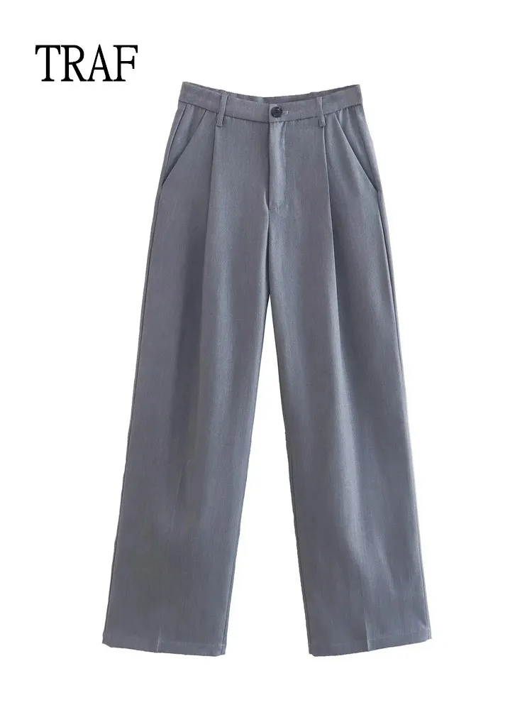 

TRAF Grey Women Pants 2022 Elegant Trousers Office Lady Wide Leg Pant Loose Korean Fashion Chic Pocket Casual Pants Sets
